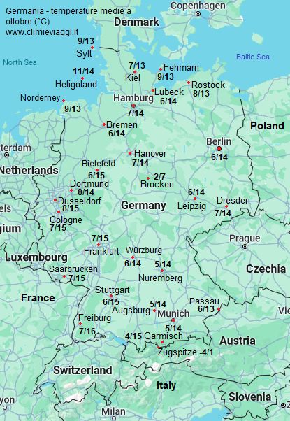 Germania - mappa con le temperature medie a ottobre (minime e massime)