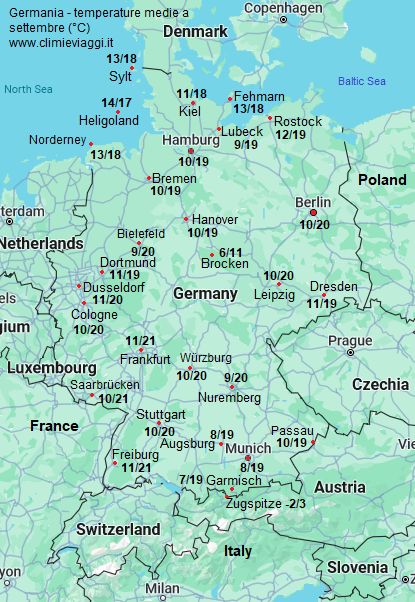 Germania - mappa con le temperature medie a settembre (minime e massime)