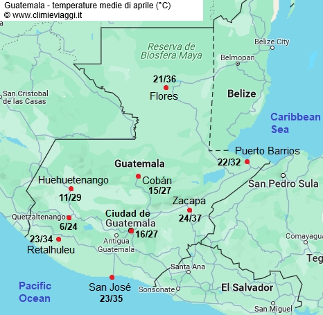 Guatemala - mappa con le temperature medie a aprile
