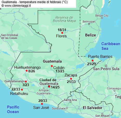 Guatemala - mappa con le temperature medie a febbraio