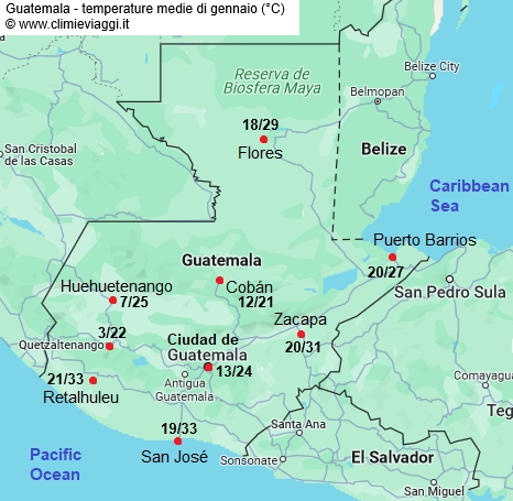 Guatemala - mappa con le temperature medie a gennaio