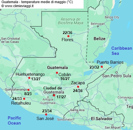 Guatemala - mappa con le temperature medie a maggio