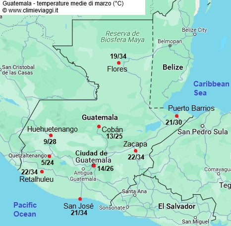 Guatemala - mappa con le temperature medie a marzo