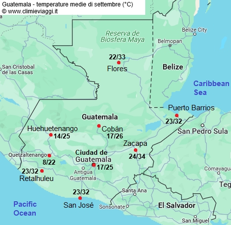 Guatemala - mappa con le temperature medie a settembre