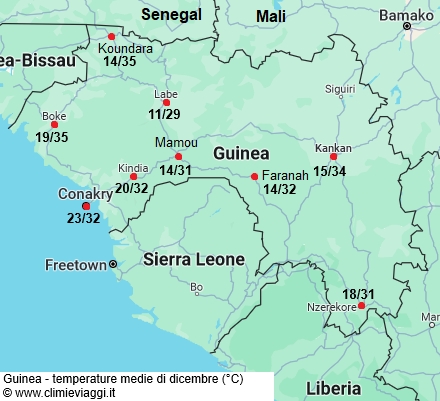 Guinea - mappa con le temperature medie a dicembre