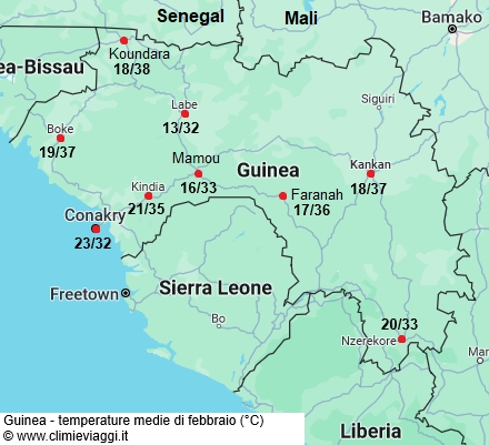 Guinea - mappa con le temperature medie a febbraio