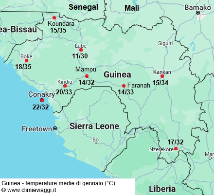 Guinea - mappa con le temperature medie a gennaio