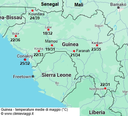Guinea - mappa con le temperature medie a maggio