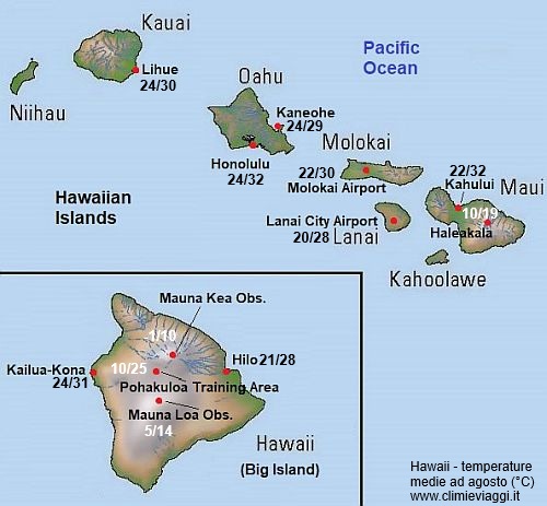 Hawaii - mappa con le temperature medie a agosto