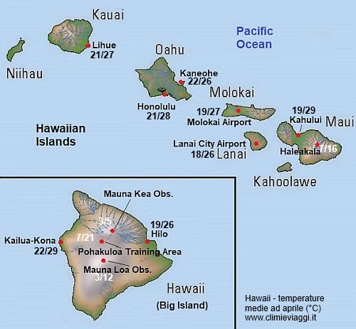 Hawaii - mappa con le temperature medie a aprile