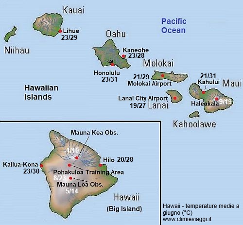 Hawaii - mappa con le temperature medie a giugno
