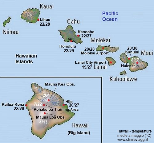 Hawaii - mappa con le temperature medie a maggio