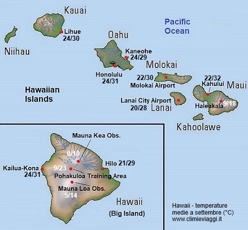 Hawaii - mappa con le temperature medie a settembre
