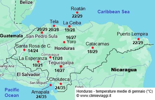 Honduras - mappa con le temperature medie a gennaio