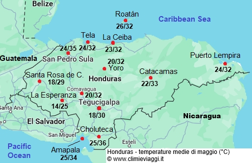 Honduras - mappa con le temperature medie a maggio