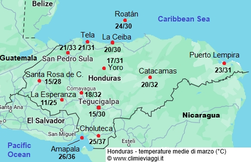 Honduras - mappa con le temperature medie a marzo