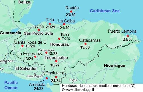 Honduras - mappa con le temperature medie a novembre