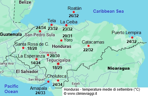 Honduras - mappa con le temperature medie a settembre
