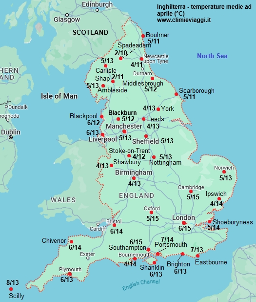 Inghilterra - mappa con le temperature medie a aprile