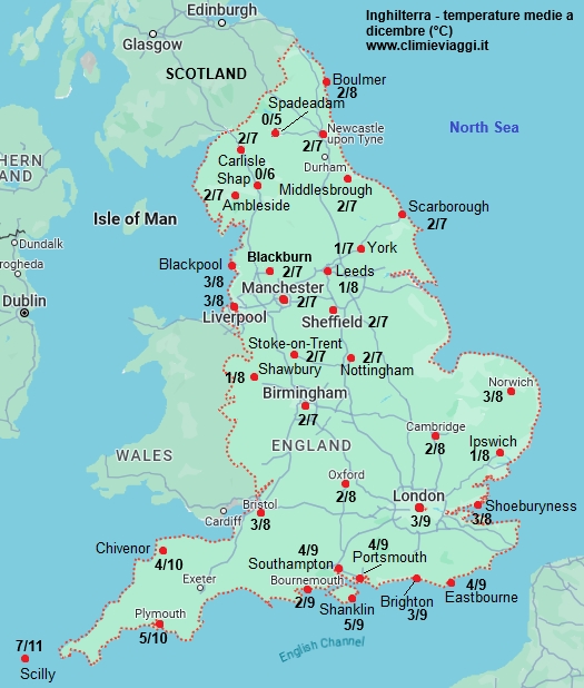 Inghilterra - mappa con le temperature medie a dicembre