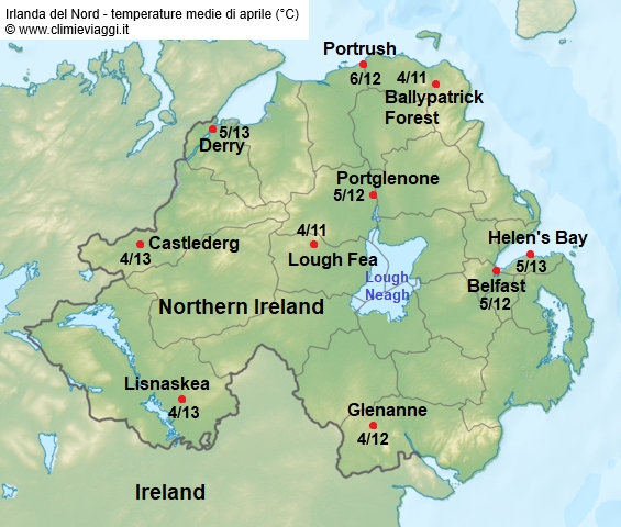 Irlanda Nord - mappa con le temperature medie a aprile