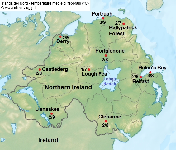 Irlanda Nord - mappa con le temperature medie a febbraio