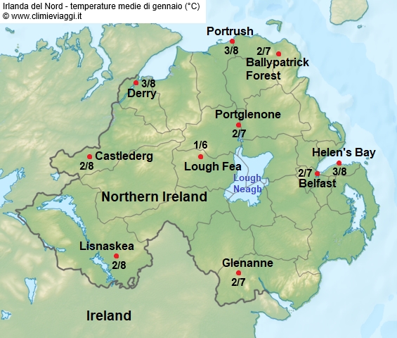 Irlanda Nord - mappa con le temperature medie a gennaio