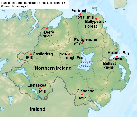 Irlanda Nord - mappa con le temperature medie a giugno