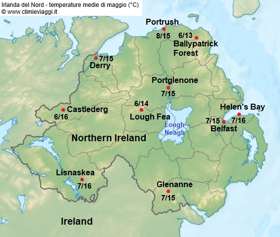 Irlanda Nord - mappa con le temperature medie a maggio