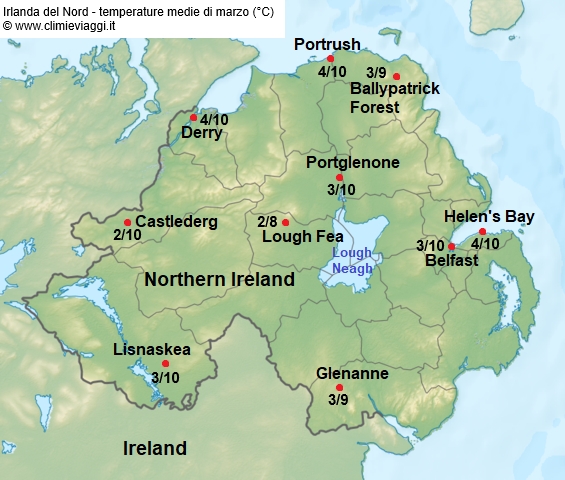 Irlanda Nord - mappa con le temperature medie a marzo