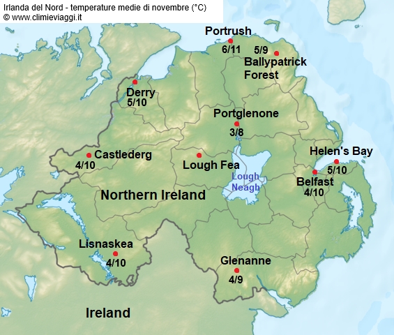 Irlanda Nord - mappa con le temperature medie a novembre