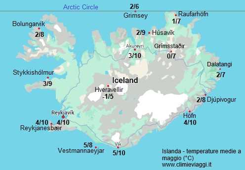 Islanda - mappa con le temperature medie a maggio