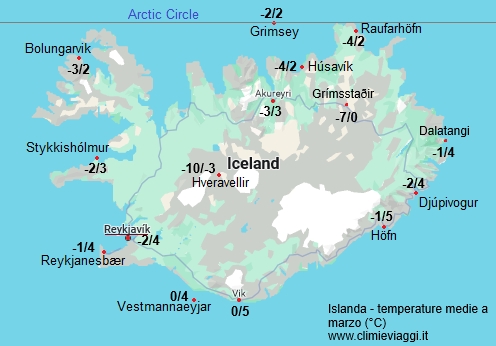 Islanda - mappa con le temperature medie a marzo