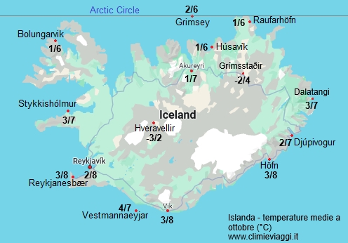 Islanda - mappa con le temperature medie a ottobre