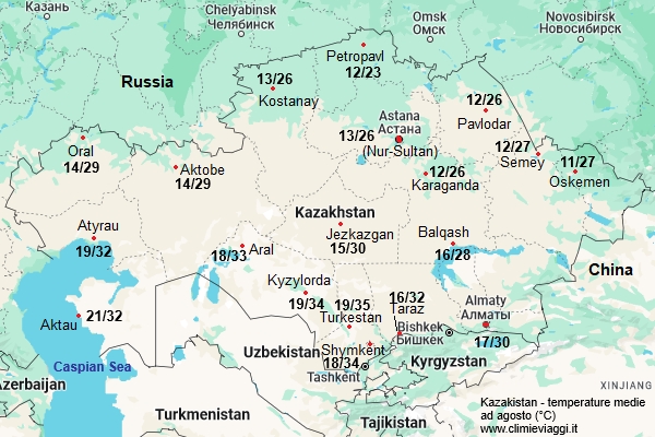Kazakistan - mappa con le temperature medie a agosto