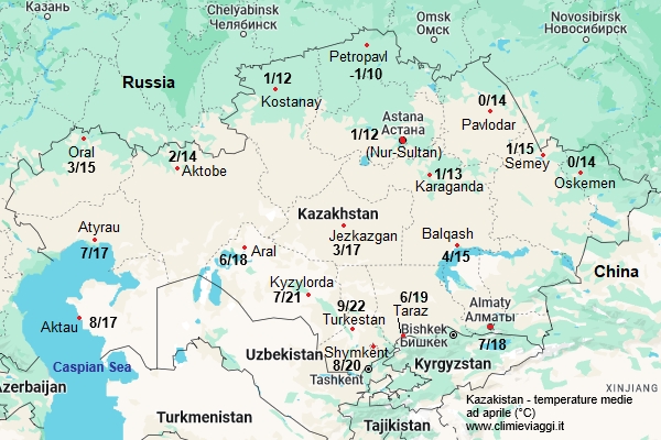 Kazakistan - mappa con le temperature medie a aprile
