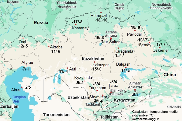 Kazakistan - mappa con le temperature medie a dicembre
