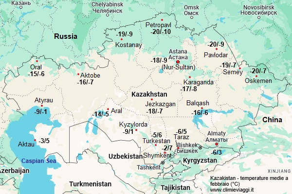 Kazakistan - mappa con le temperature medie a febbraio