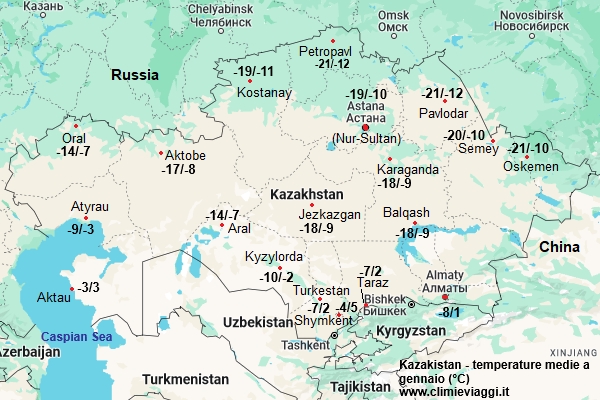 Kazakistan - mappa con le temperature medie a gennaio