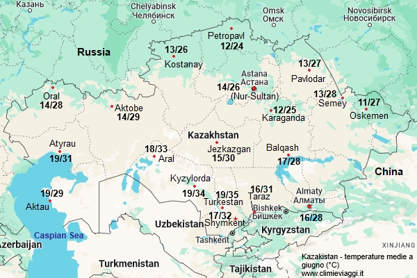 Kazakistan - mappa con le temperature medie a giugno