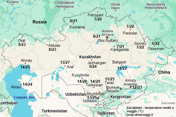 Kazakistan - mappa con le temperature medie a maggio