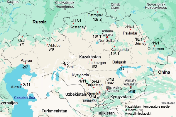 Kazakistan - mappa con le temperature medie a marzo