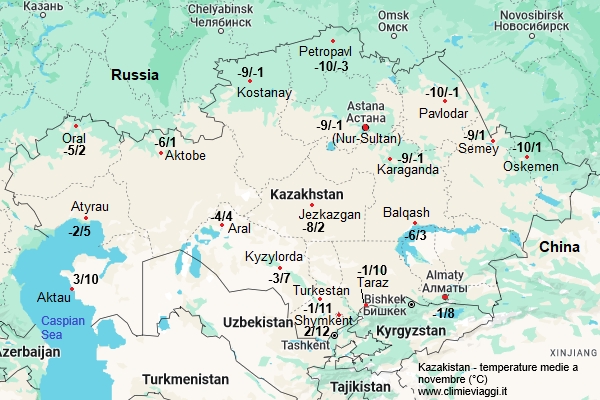 Kazakistan - mappa con le temperature medie a novembre