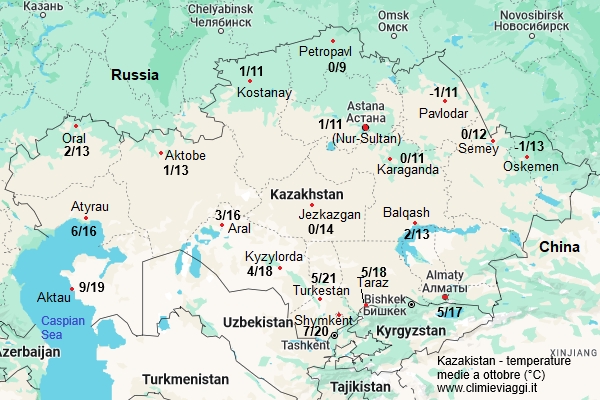 Kazakistan - mappa con le temperature medie a ottobre