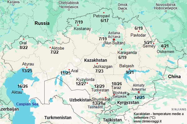 Kazakistan - mappa con le temperature medie a settembre