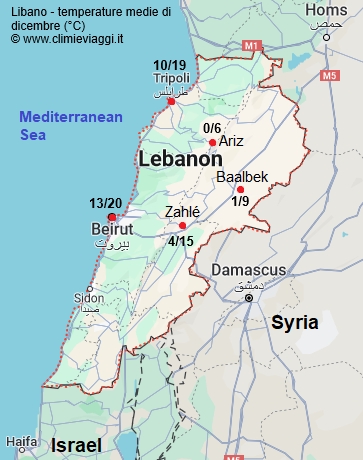 Libano - mappa con le temperature medie a dicembre