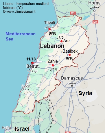 Libano - mappa con le temperature medie a febbraio