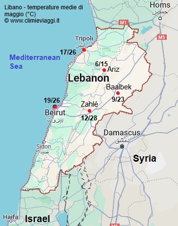 Libano - mappa con le temperature medie a maggio