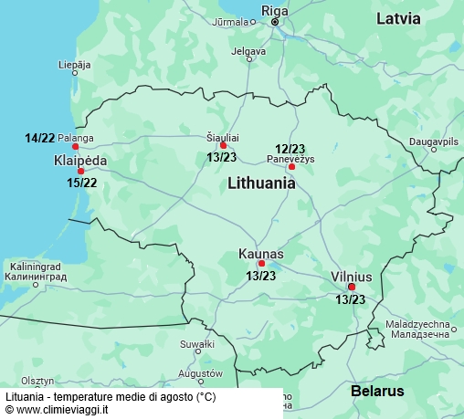 Lituania - mappa con le temperature medie a agosto