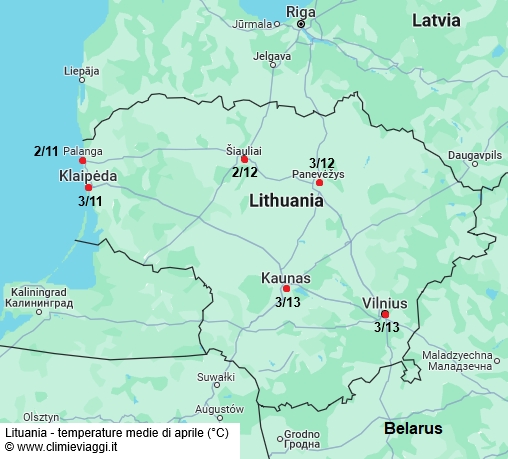 Lituania - mappa con le temperature medie a aprile